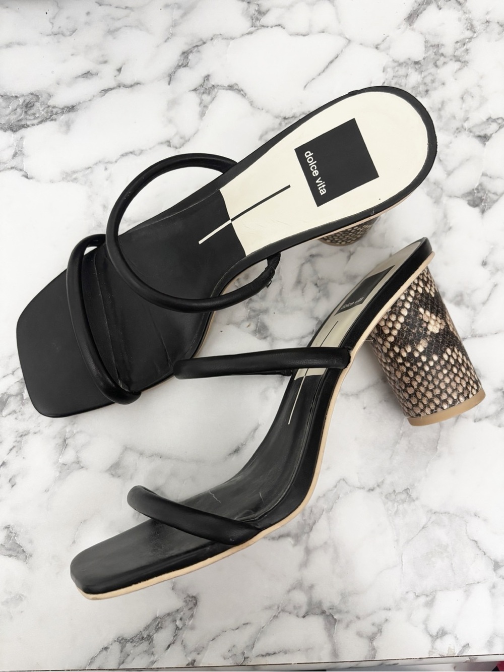 Dolce Vita Noles Black Strappy Heels with Snakeskin Block Heel